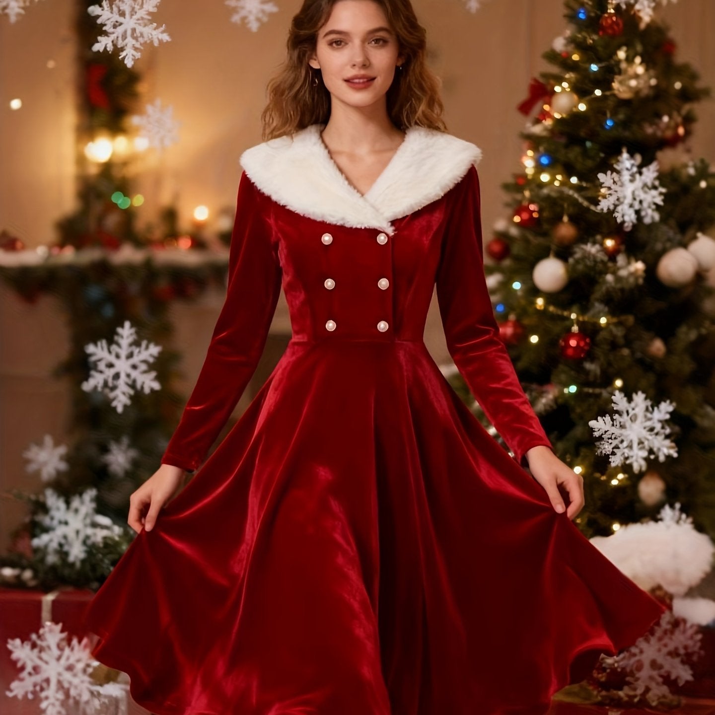 Women's Vintage Elegant Plush Jacket & Dress with Collar Christmas Party New Year