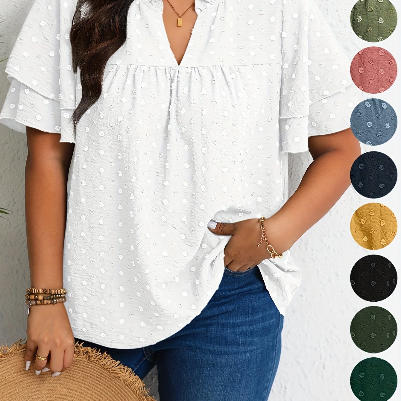 Plus Size Women's Casual V-Neck Blouse with Ruffled Short Sleeves