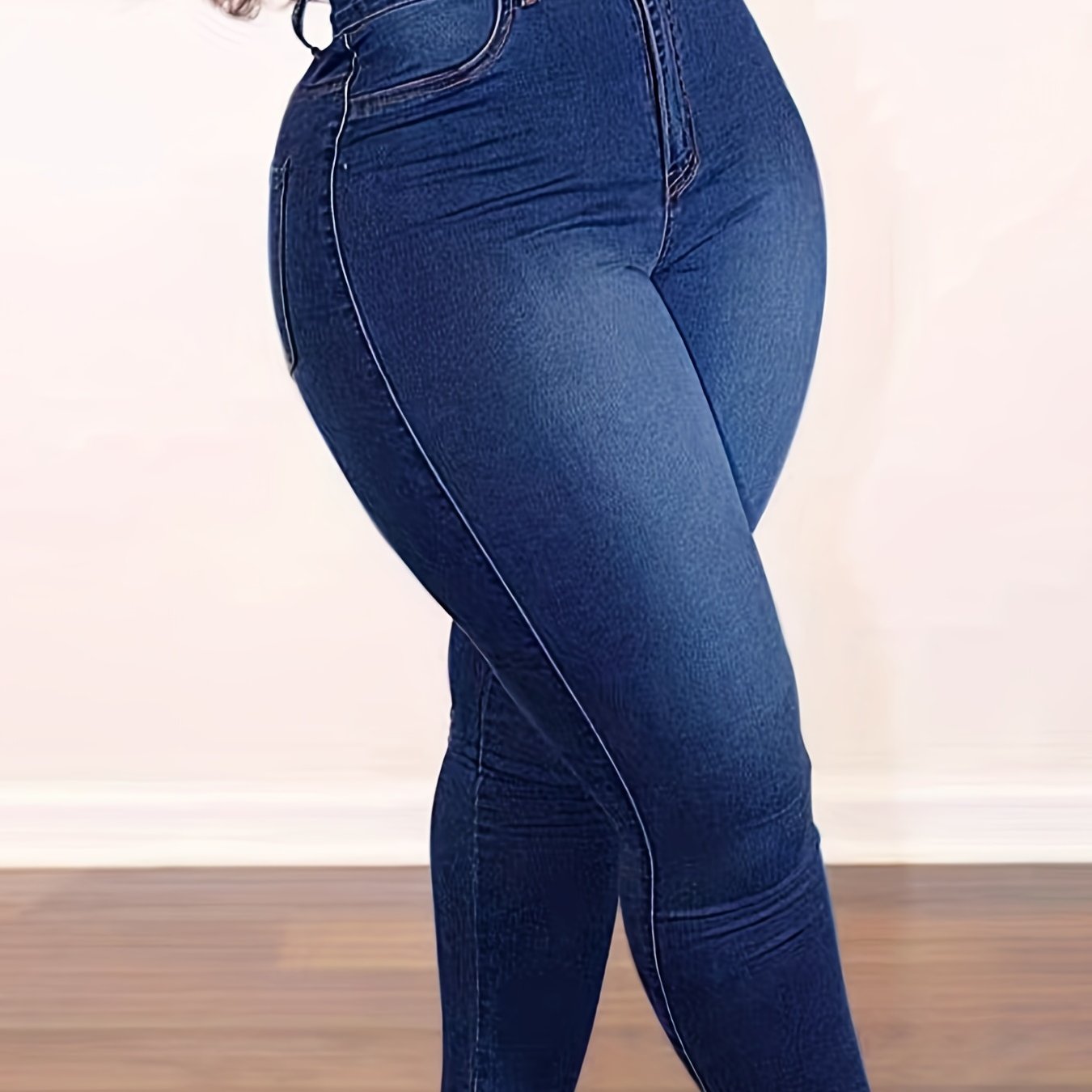 Women's High-Waisted Stretch Jeans - Non-See-Through Stretch Denim Pants with Button Closure