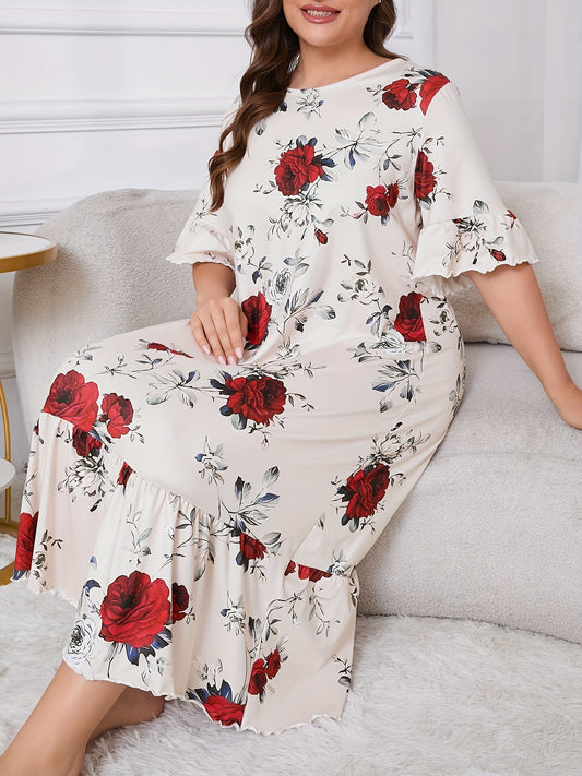 Elegant Floral Print Plus Size Nightgown