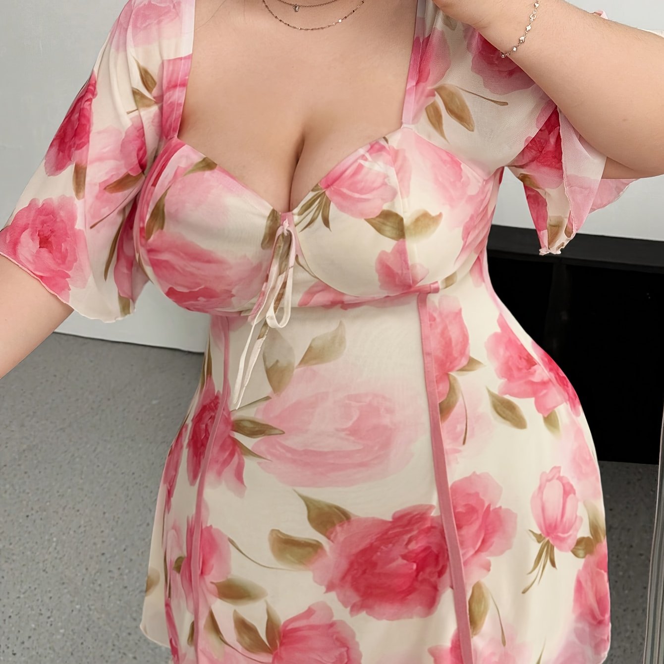 Plus Size Women's Elegant Floral Print Sheer Mesh Dress with Adjustable Tie Waist