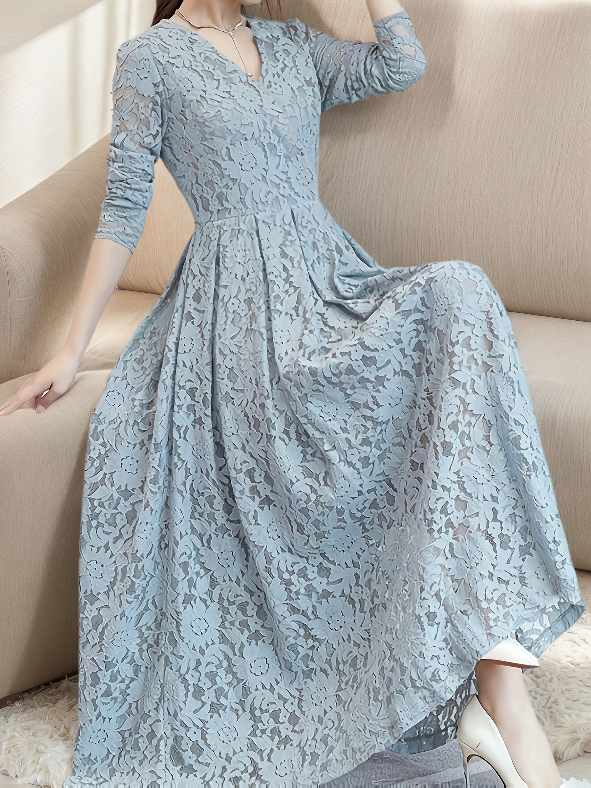 Women's Elegant Lace Panel V-Neck Dress with Zipper Back, Slim-Fit Bodice & Flowy Skirt