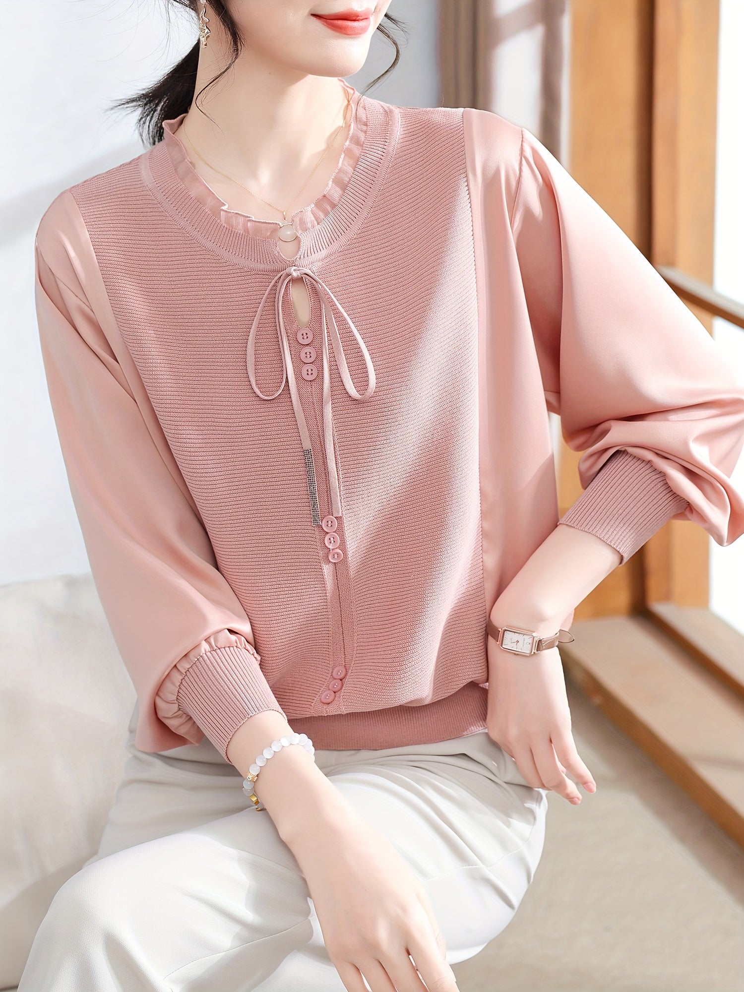 Women's Long-Sleeve Blouse - Age-Defying Tunic Top, Beige-Friendly & Breathable
