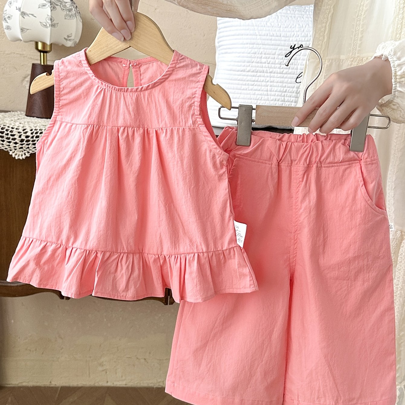 2pcs Wide Shoulder Dress and Shorts Set for Girls, Summer Lightweight Solid Color