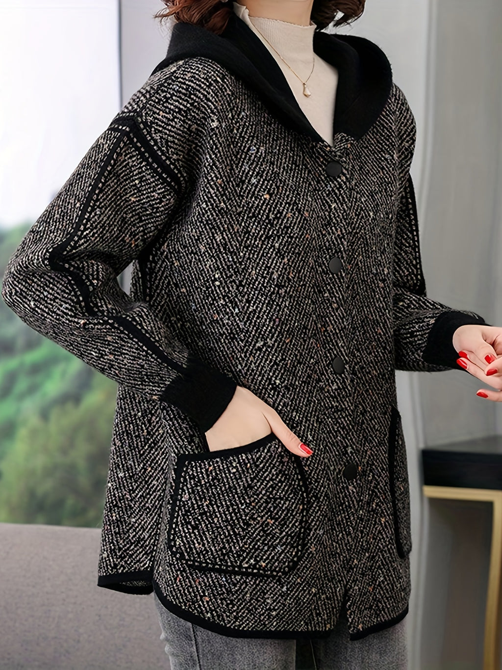 Polyester Casual Hooded Long Sleeve Regular Length Loose Fit Single Breasted Button