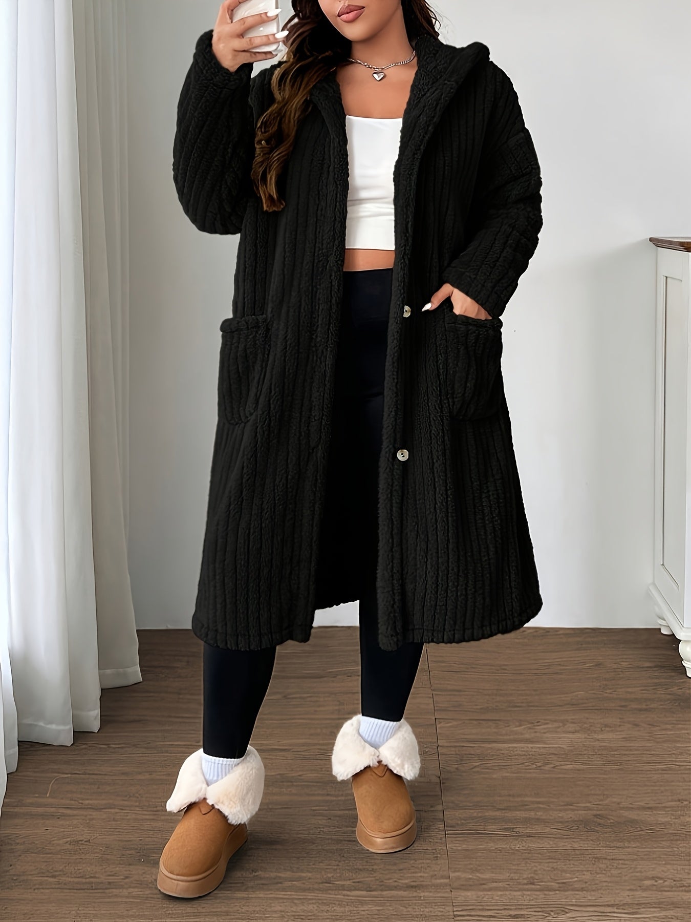 Plus-Size Women's Hooded Long-Sleeve Plush Coat