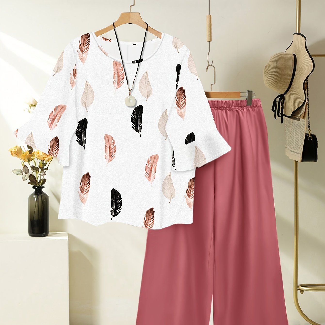 Women's Casual Vacation Print Short Sleeve Top + Elastic Waist Loose Wide-Leg Pants