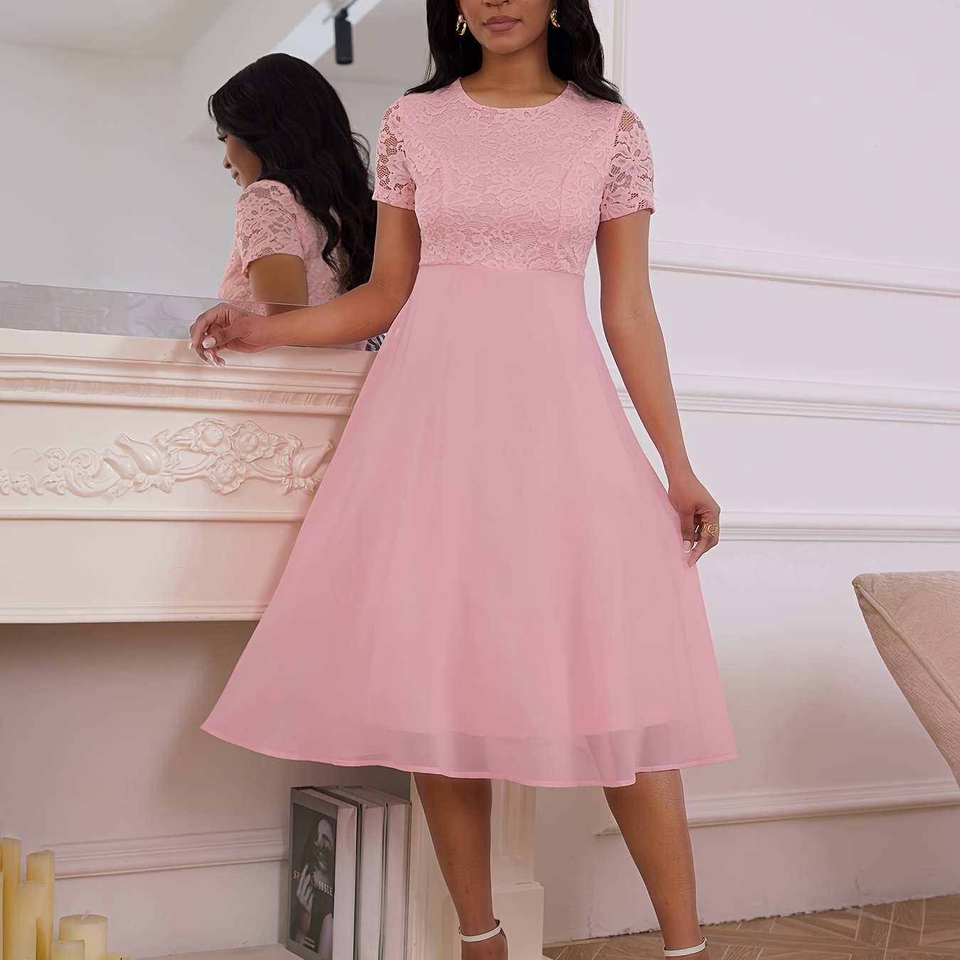 Polyester Elegant Pink Lace Midi Dress