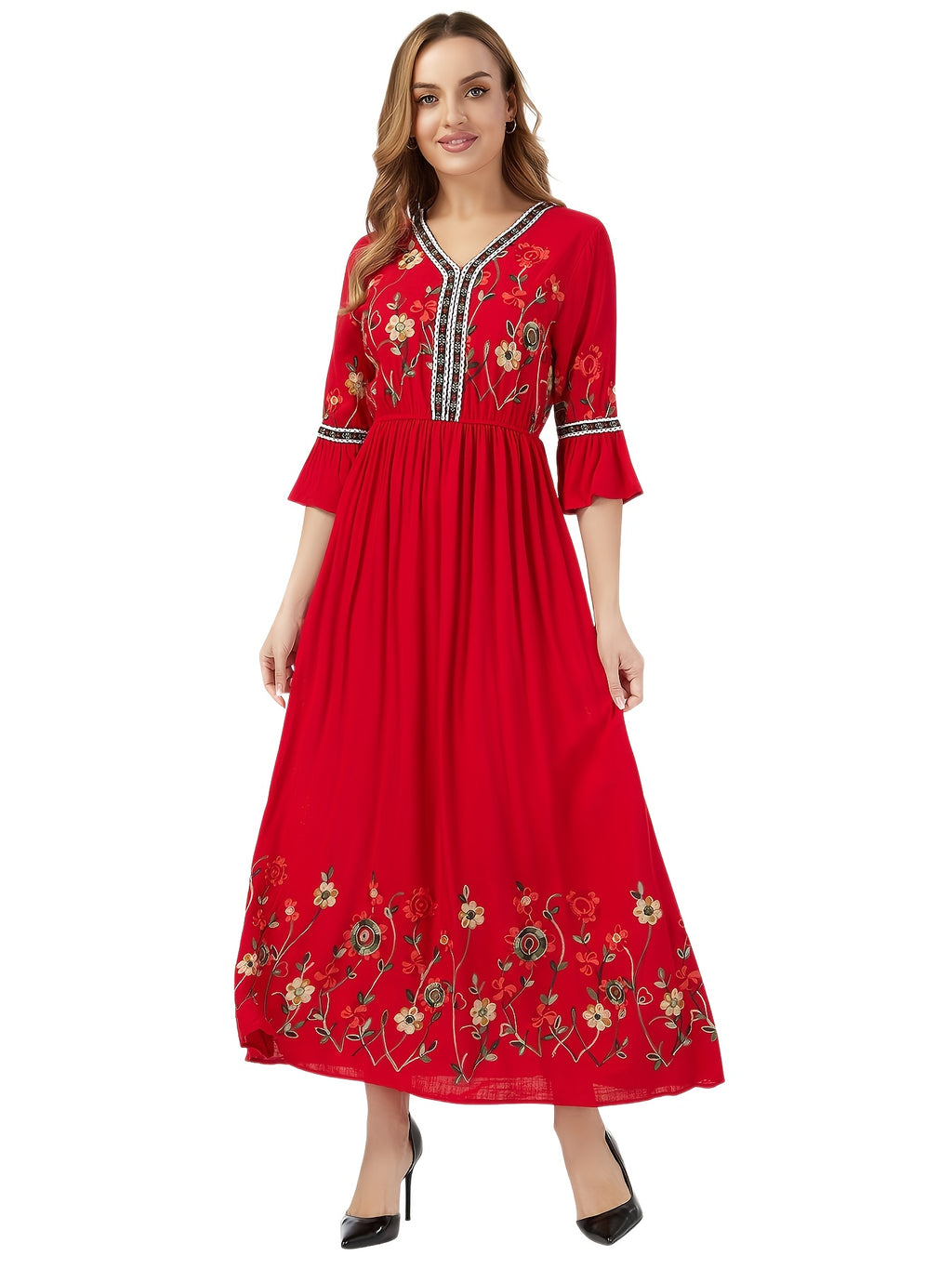 Elegant Green Embroidered Maxi Dress with V-Neck and Ruffle Sleeves