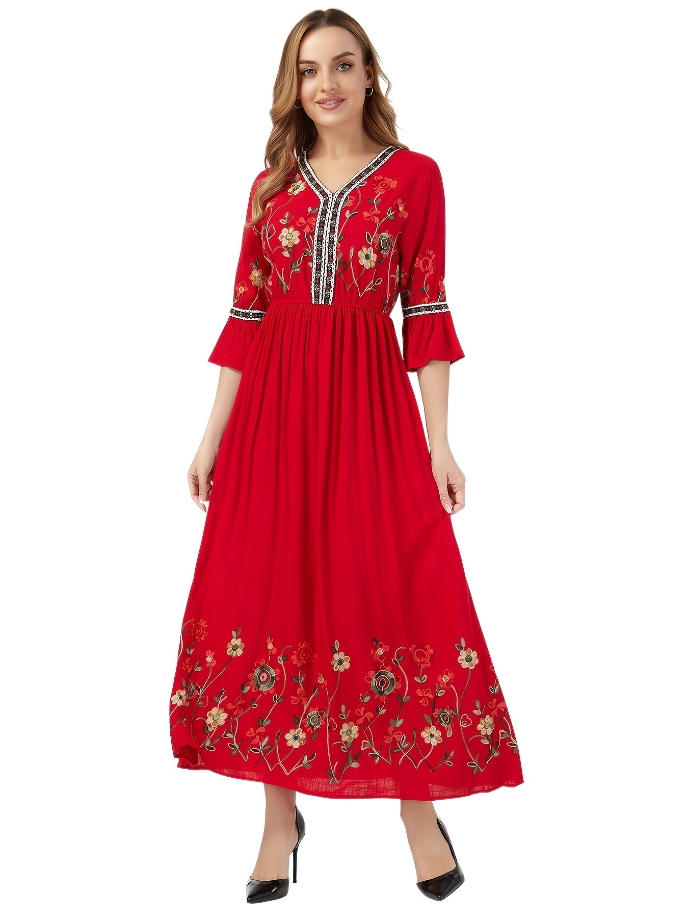 Elegant Green Embroidered Maxi Dress with V-Neck and Ruffle Sleeves