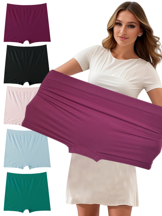 5pcs Plus Size Women's High-Waist Seamless Boxer Briefs in Assorted Colors - Soft, Stretchy Knitted Fabric for Comfort | Ideal for Yoga, Fitness,