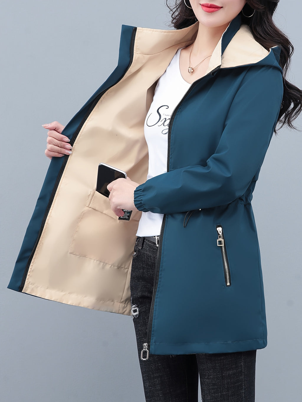 Women's Reversible Long Sleeve Windbreaker Jacket, Fit, Detachable Hood & Zipper Closure