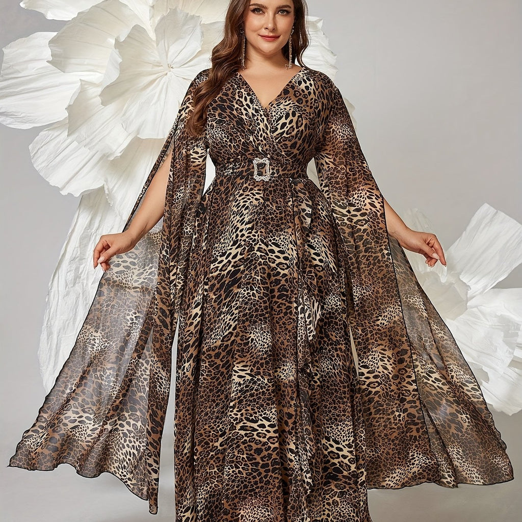 Women's Plus Size Elegant V-Neck Maxi Dress with Leopard Print