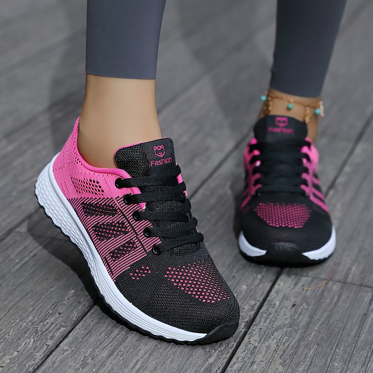 Women's Breathable Mesh Sneakers - Black & Pink Color-Block Design, Comfortable EVA Sole, Lace-Up Low-Top Casual Shoes for All-Season