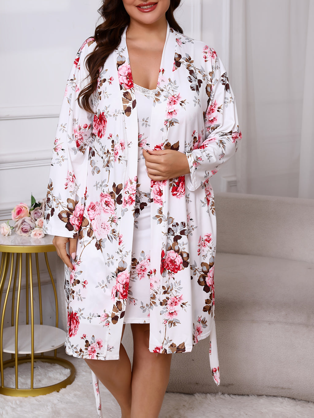 Plus Size Floral Print Sexy Lace Trim Camisole Nightgown with a Matching Tie Robe, a Two-Piece Sleepwear Set.