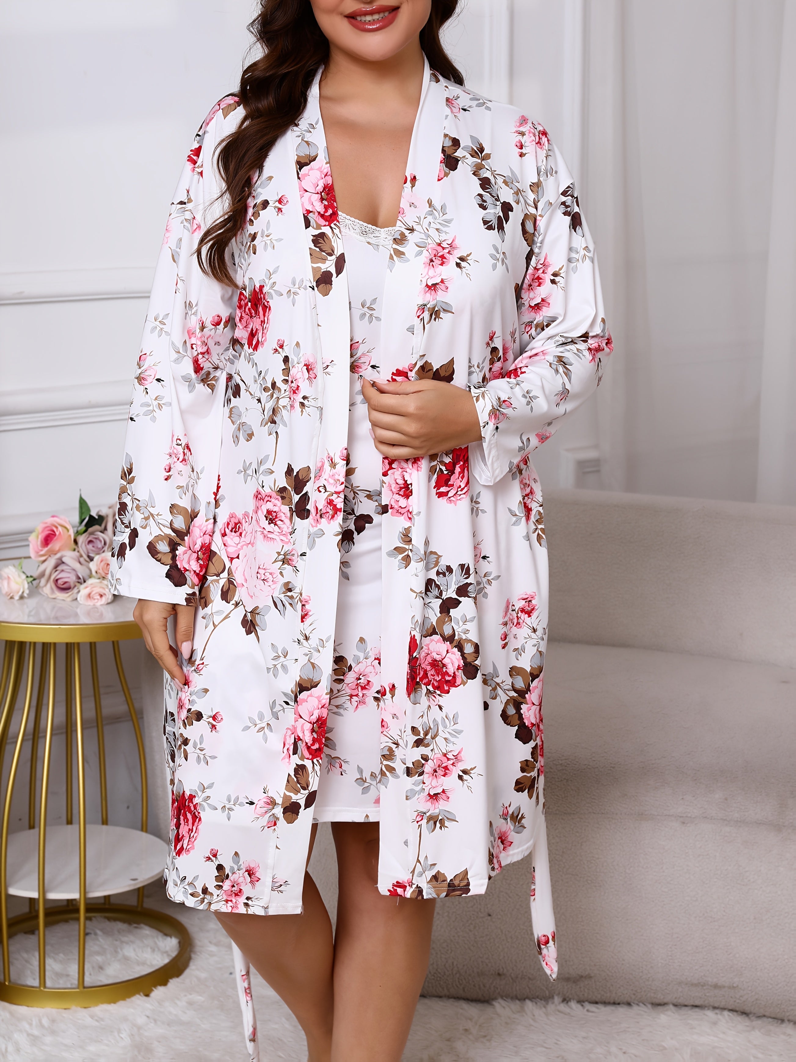 Plus Size Floral Print Sexy Lace Trim Camisole Nightgown with a Matching Tie Robe, a Two-Piece Sleepwear Set.