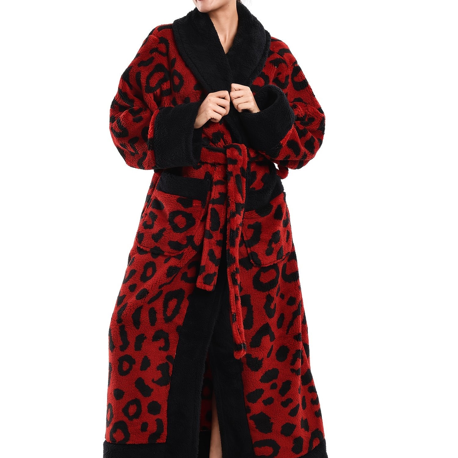 1pc Women's Elegant Leopard Print Robe & Sleepwear - Oversized Winter Cozy Plush Bathrobe
