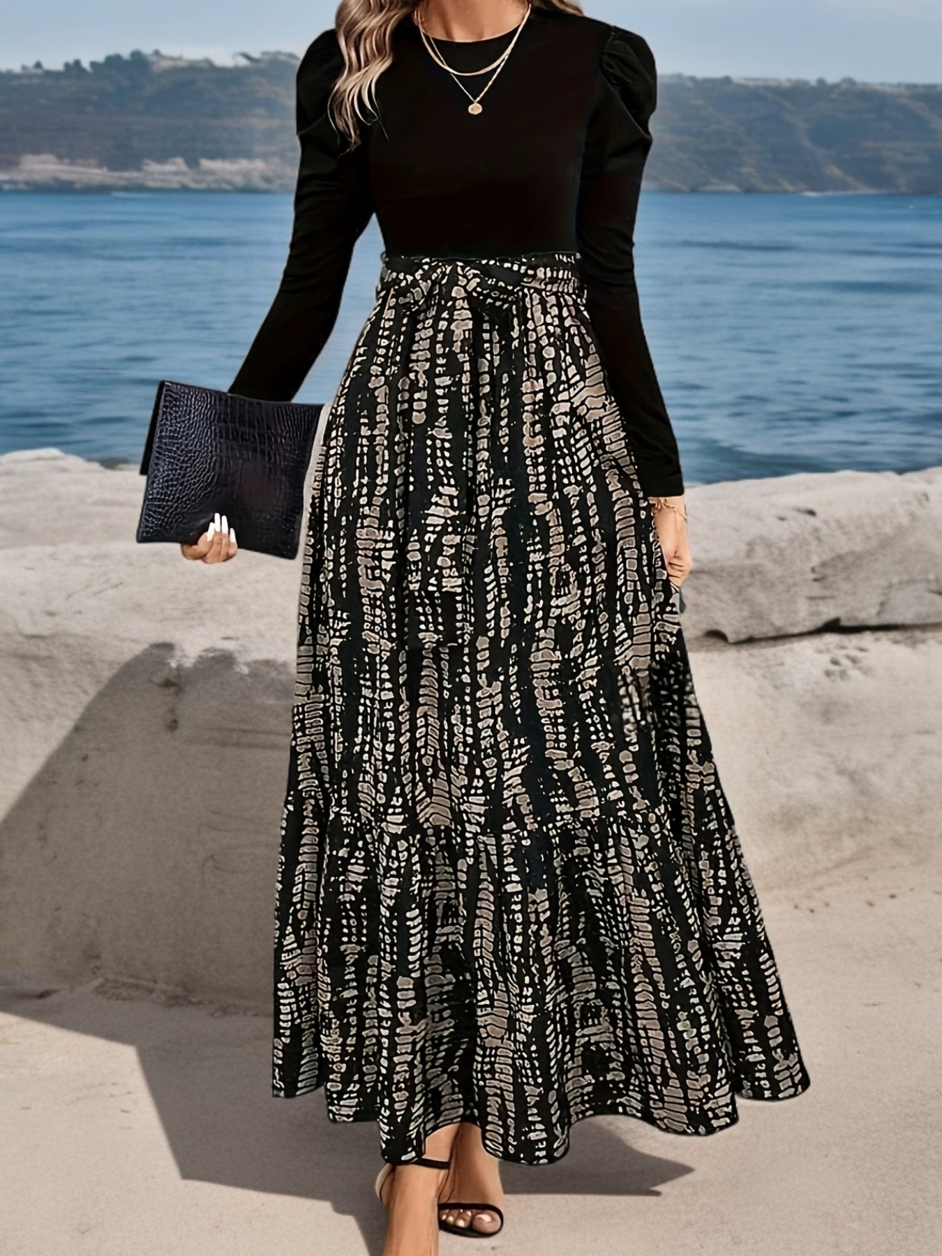 Women's Elegant Bubble Long Sleeve Midi Dress with Adjustable Waist Belt