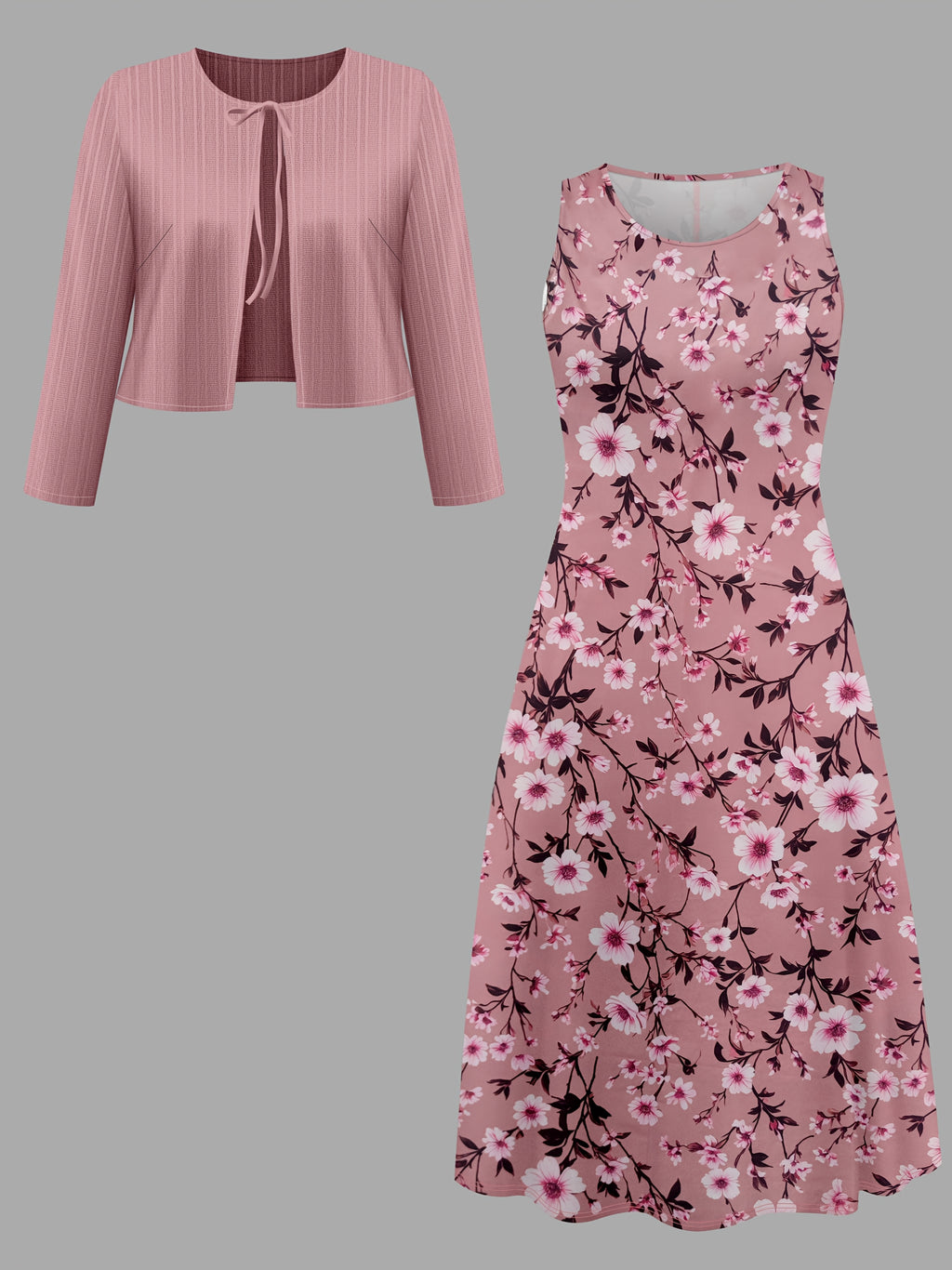 A two-piece set of solid-color striped small cardigan and floral printed dress for fashionable women