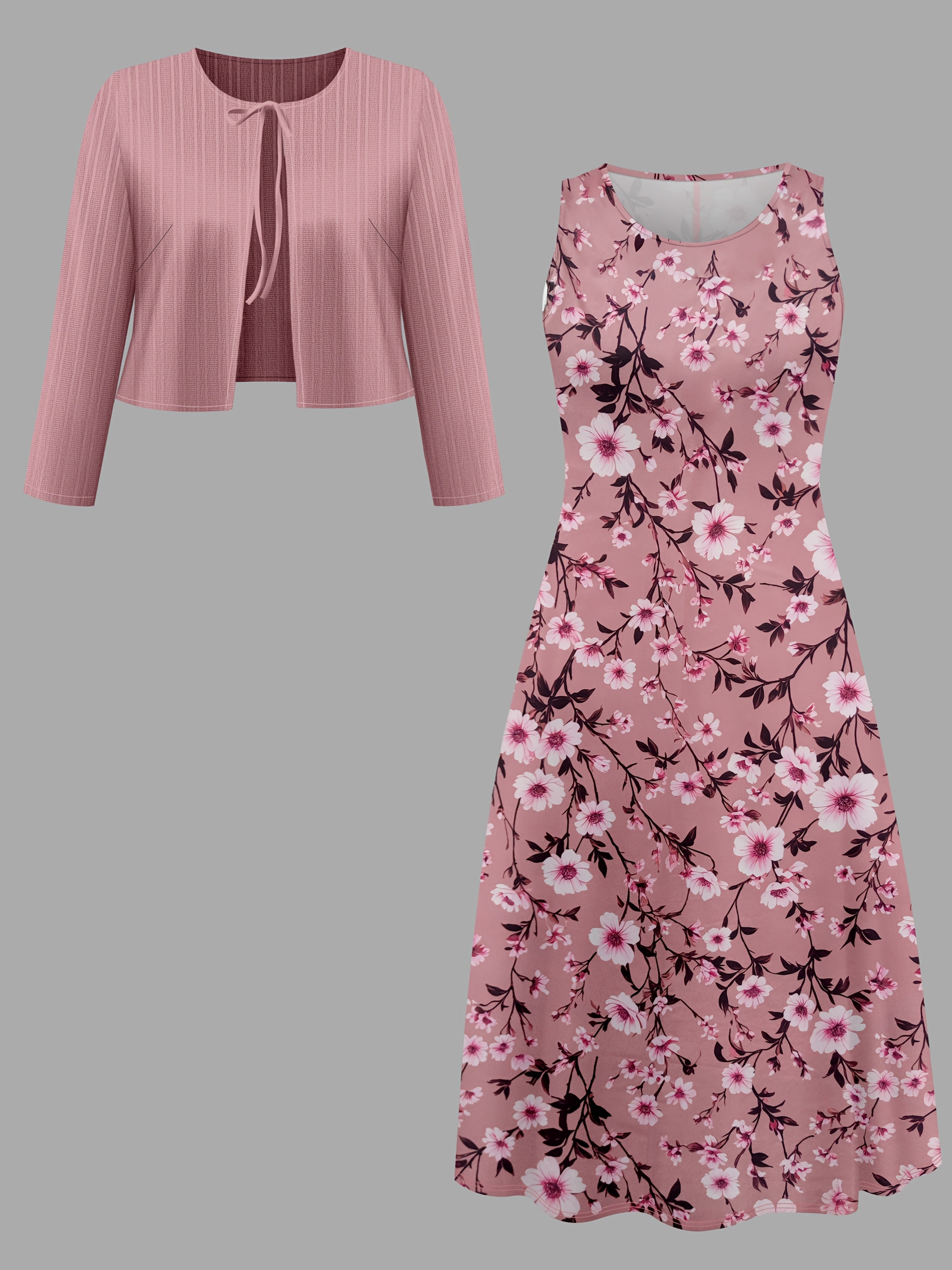 A two-piece set of solid-color striped small cardigan and floral printed dress for fashionable women