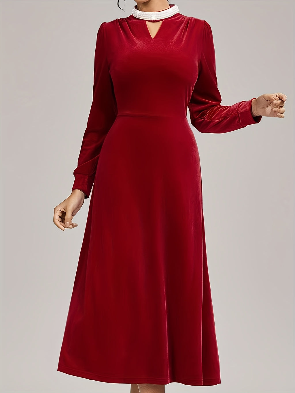 Women's Elegant Burgundy Velvet Long Sleeve A-Line Evening Gown with Adjustable Waist for ChristmasLuxury Wedding Guest Attire