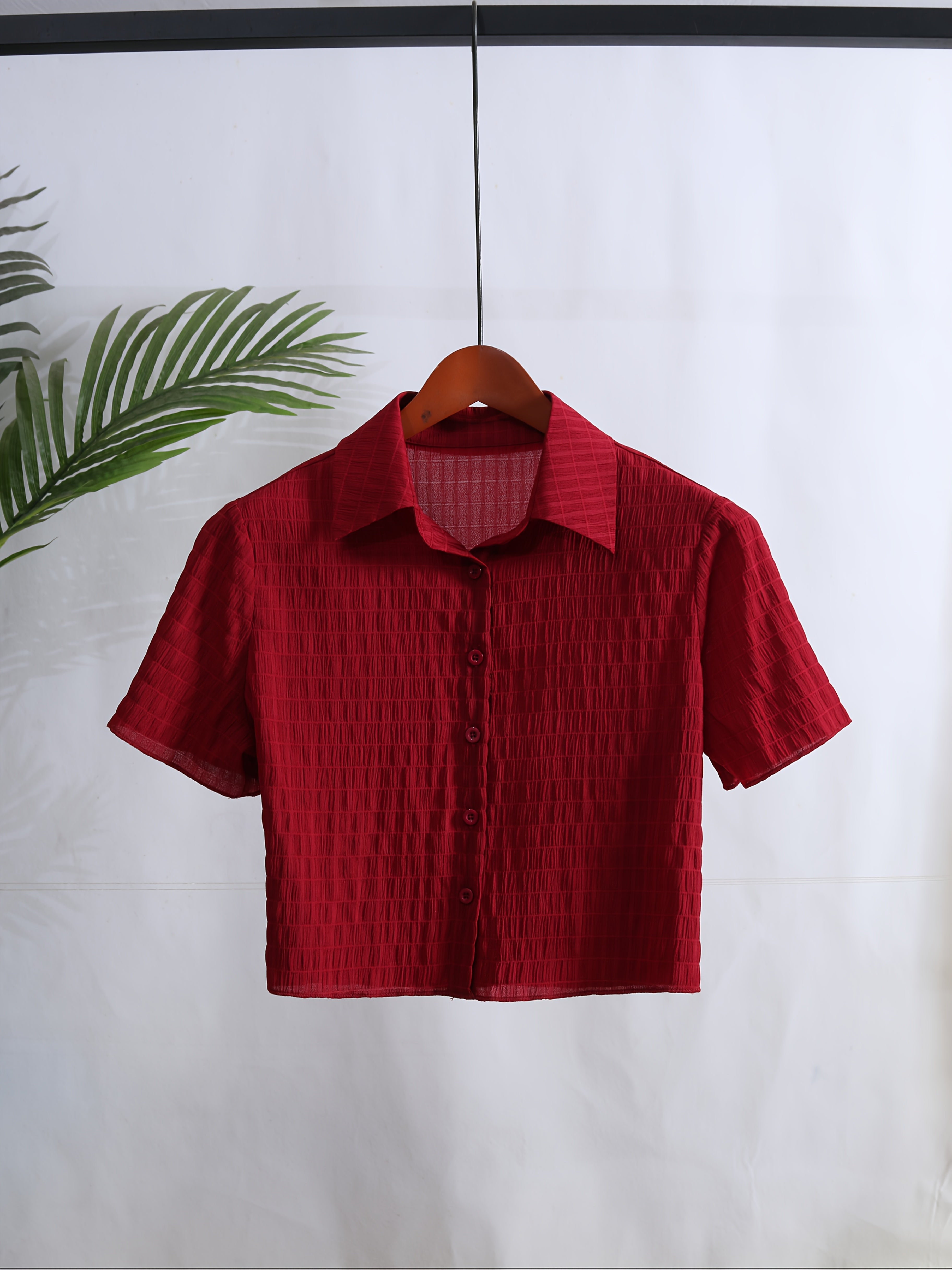 Women's Casual Red Short Sleeve Button-Up Shirt - Machine Washable, Collared Design