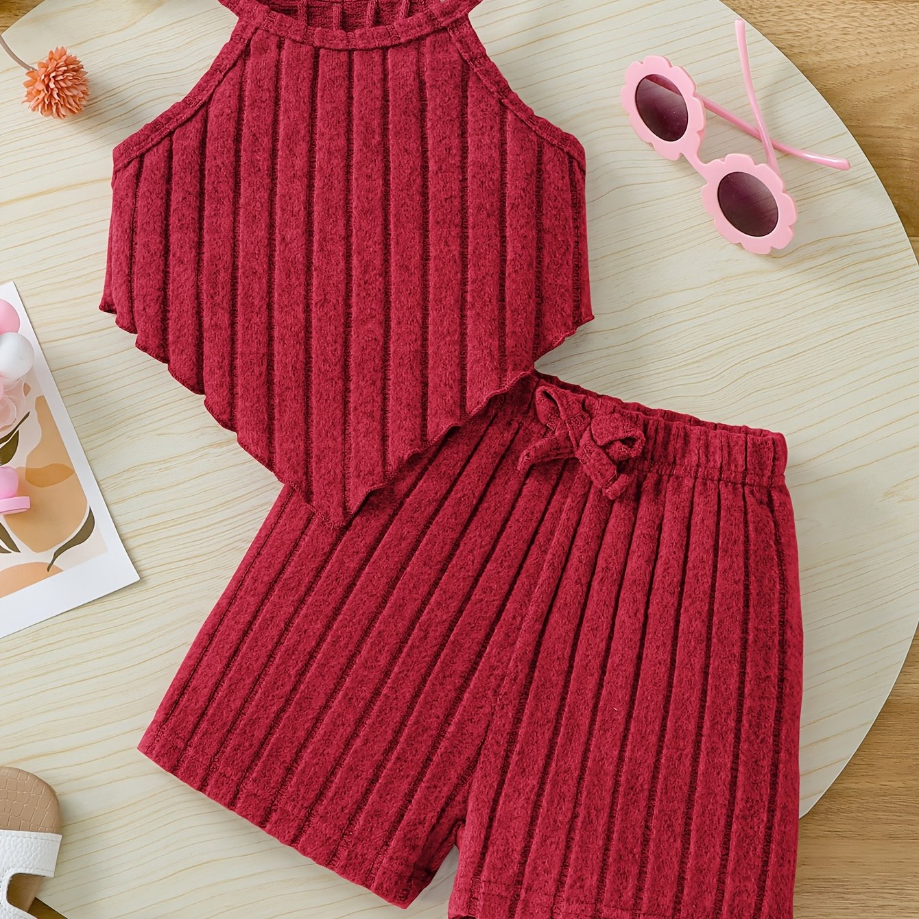 2pcs Summer Girls' Solid Color Crop Top and Bow-Decorated Striped Pants Set