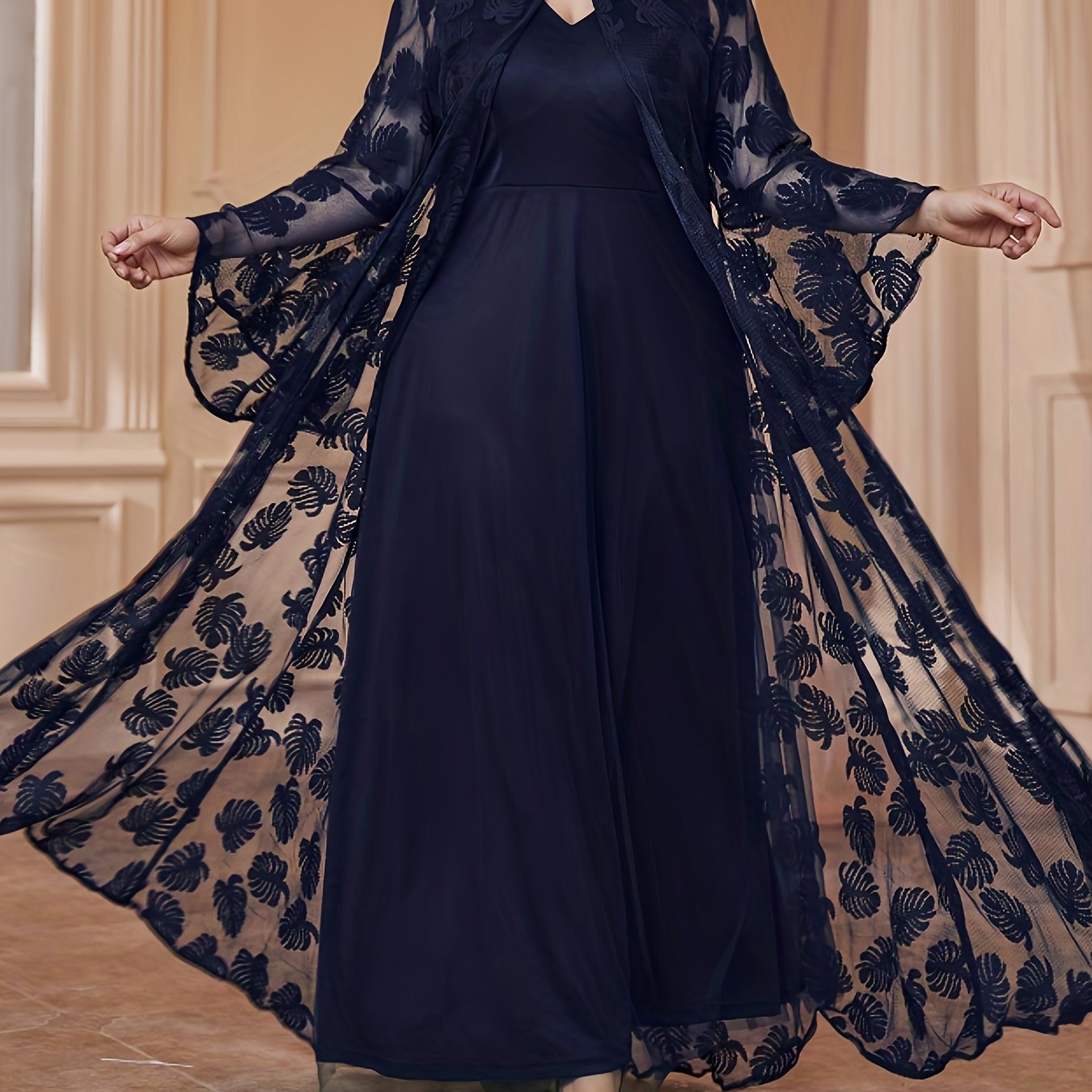 Plus Size - Elegant Round Neck Mesh Embroidery V-Neck Slim Long Dress