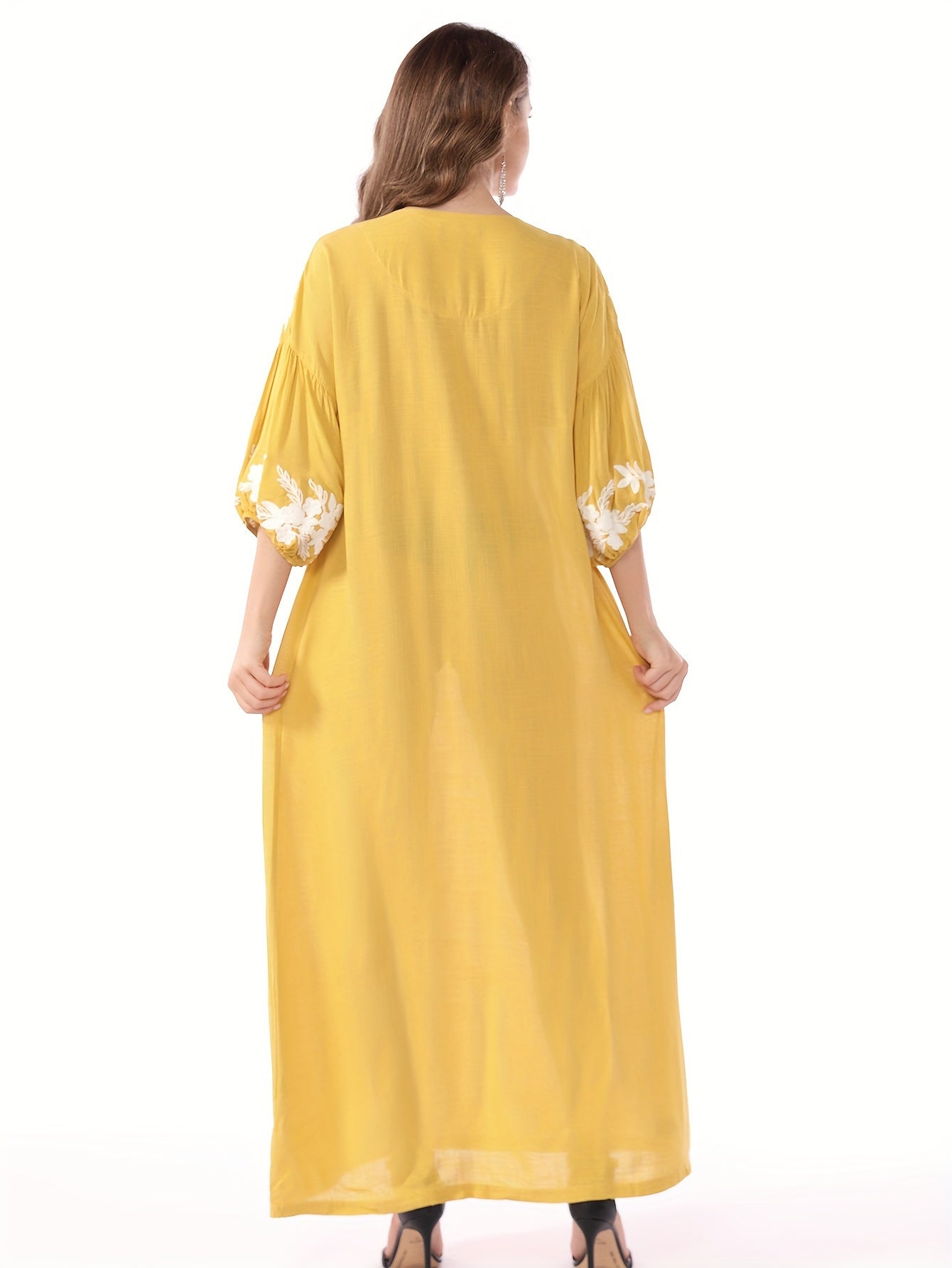 Women's White Floral Embroidery - Loose Fit, V-Neck, Half Sleeve, Non-Stretch Fabric