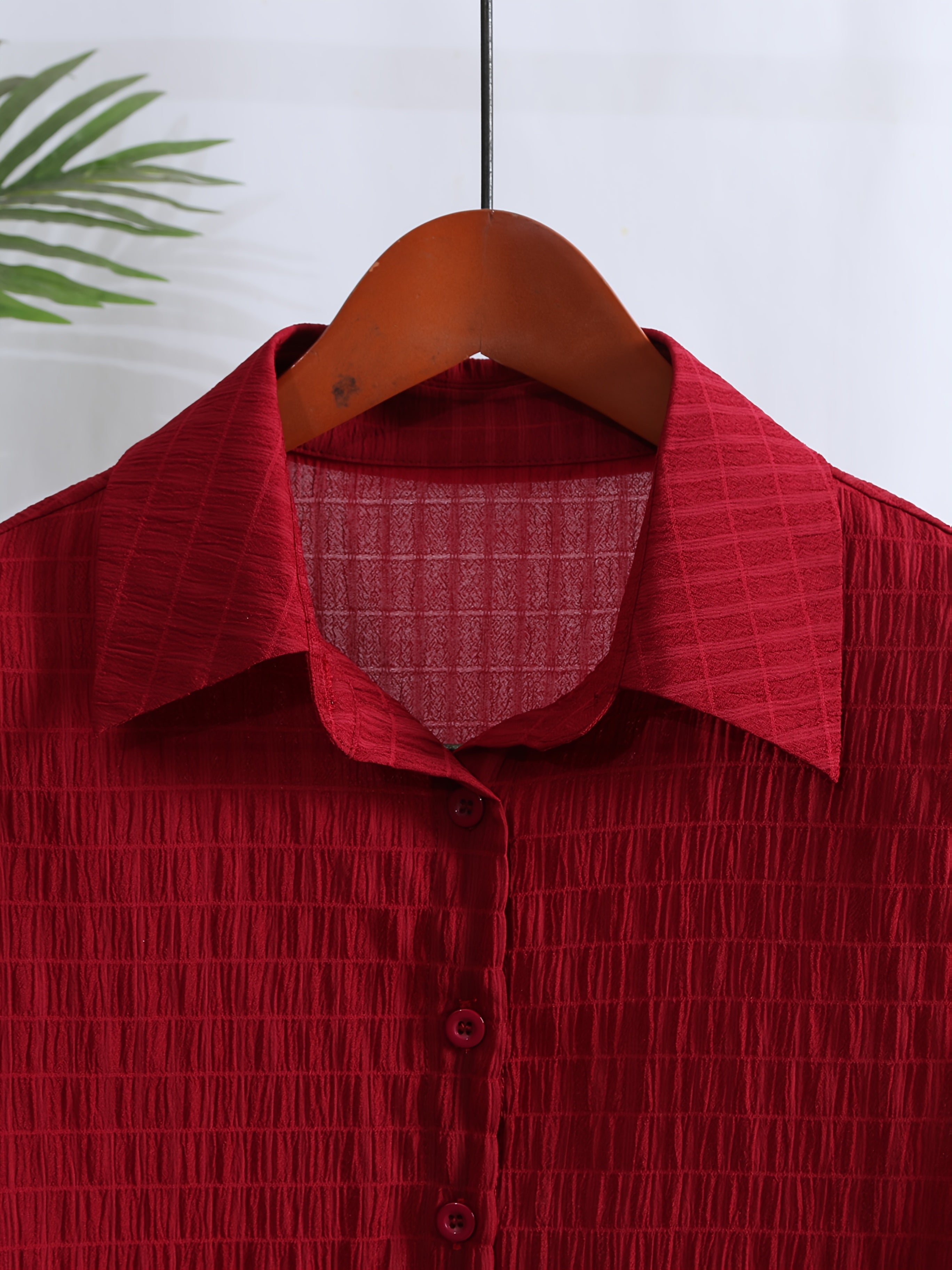 Women's Casual Red Short Sleeve Button-Up Shirt - Machine Washable, Collared Design