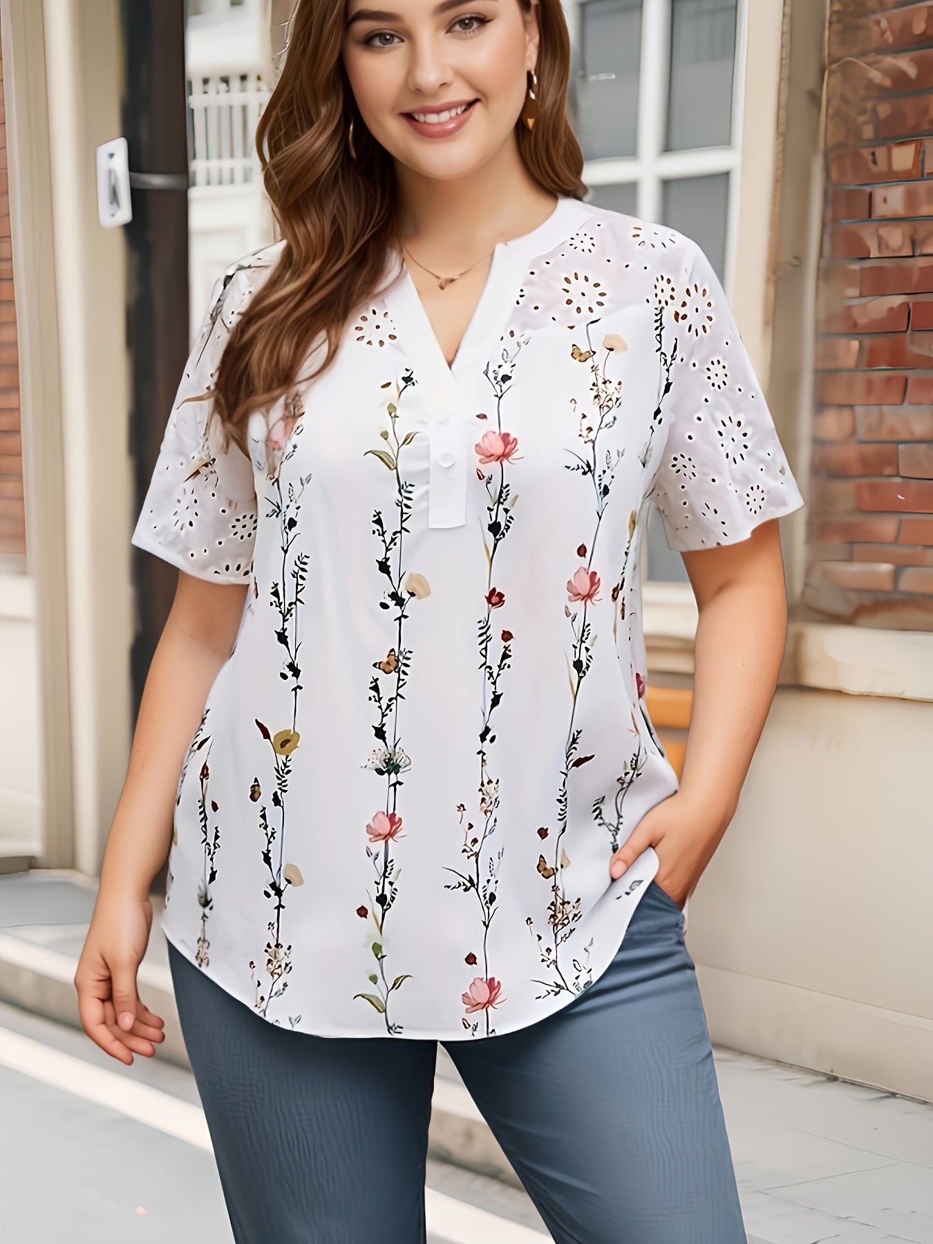 Plus Size Floral Print Button Blouse - Elegant Short Sleeve Top with Relaxed Fit