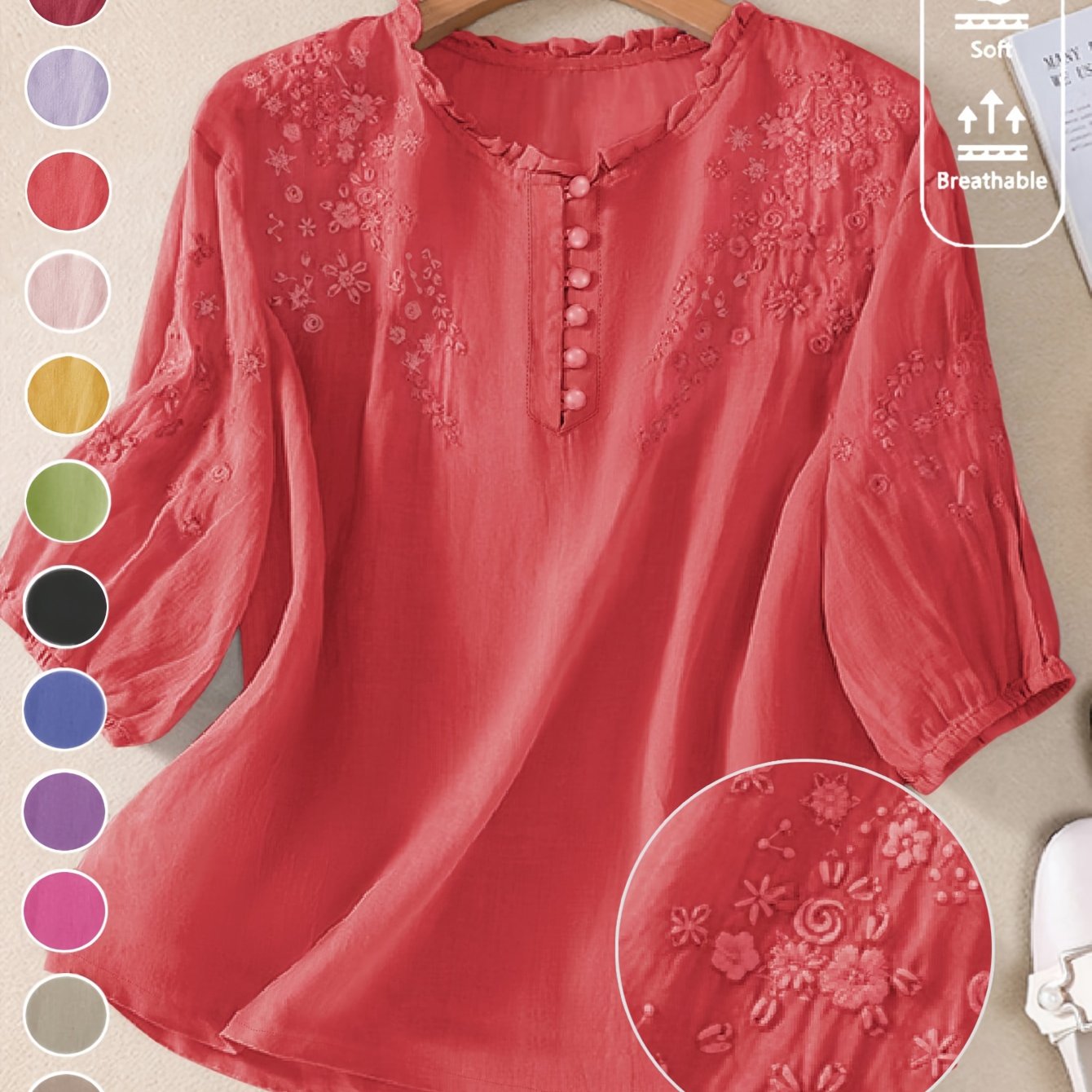 Women's Spring/Summer Embroidered Loose Fit Retro Mid-Sleeve Blouse