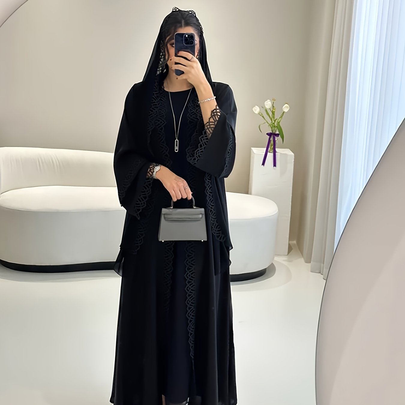 2pcs Set with Lace Trim Muslim Kaftan