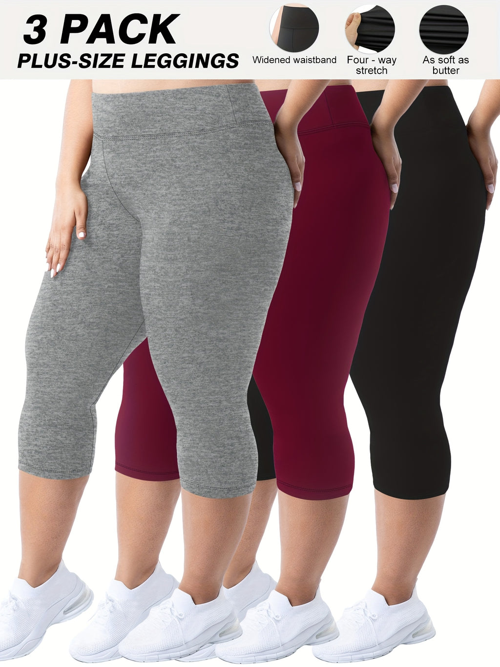Plus Size - 3pcs High-Waist Capri Leggings for Women
