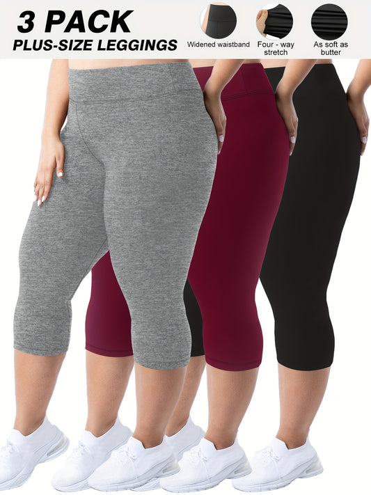 Plus Size - 3pcs High-Waist Capri Leggings for Women