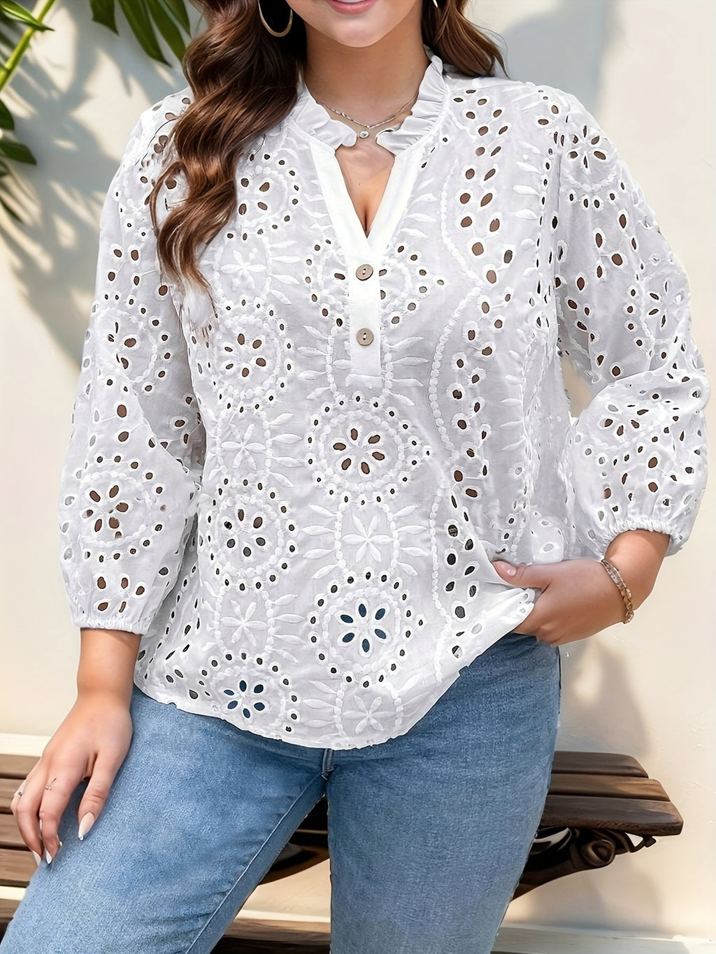 Women's Stretchy V-Neck Blouse with Cut-Out