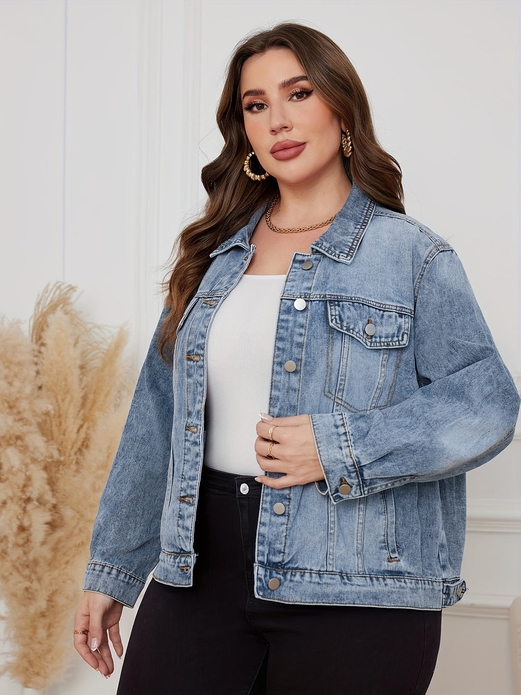 Plus Drop Shoulder Denim Jacket for Women