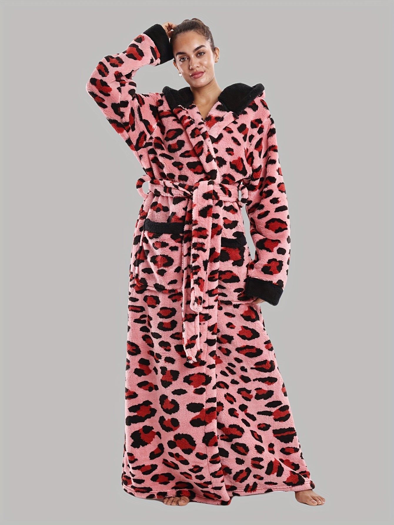 Leopard Print Series - Women's Autumn and Winter - Long Sleeve Hooded Bathrobe