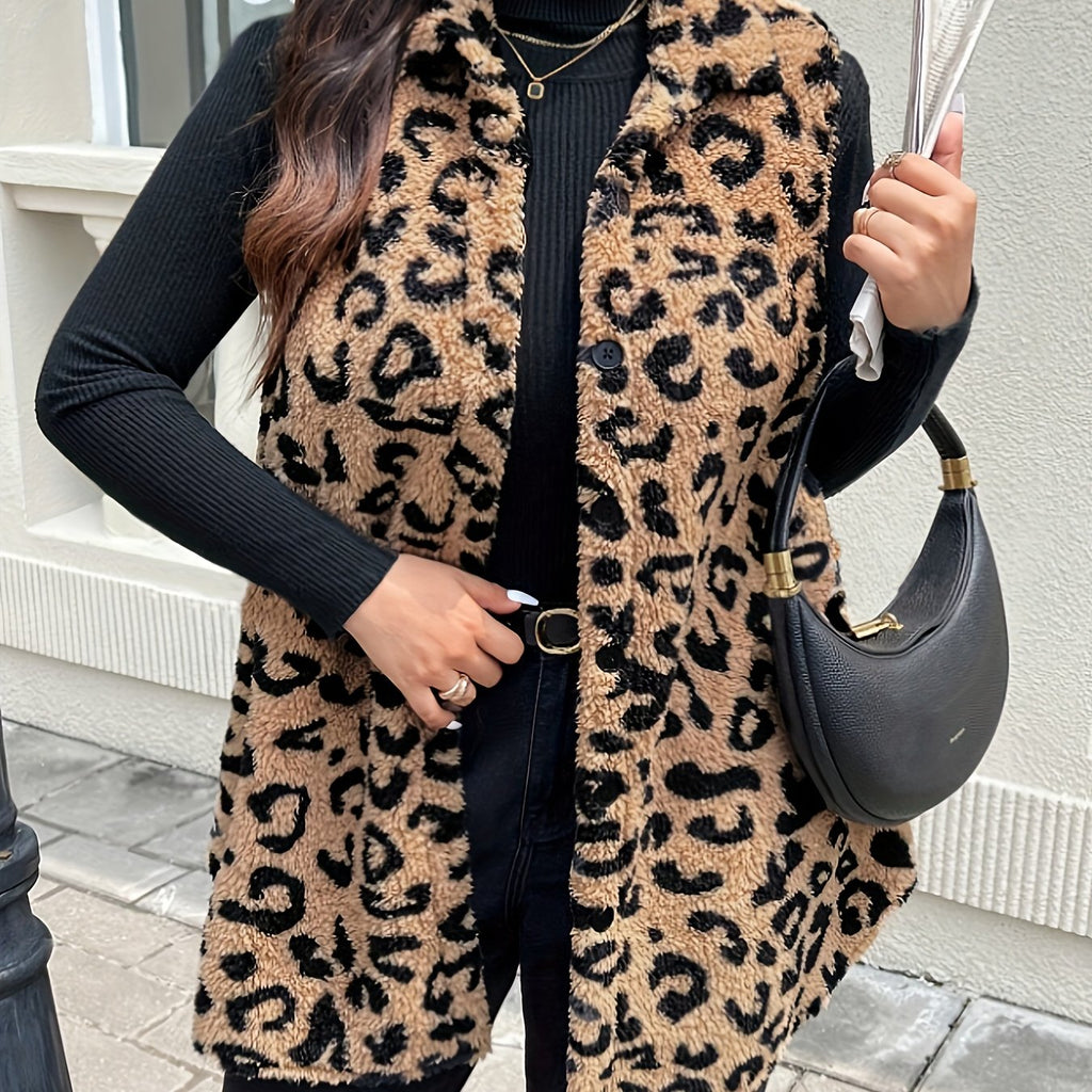 Plus-Size Sleeveless Casual Jacket in Leopard Print for Women