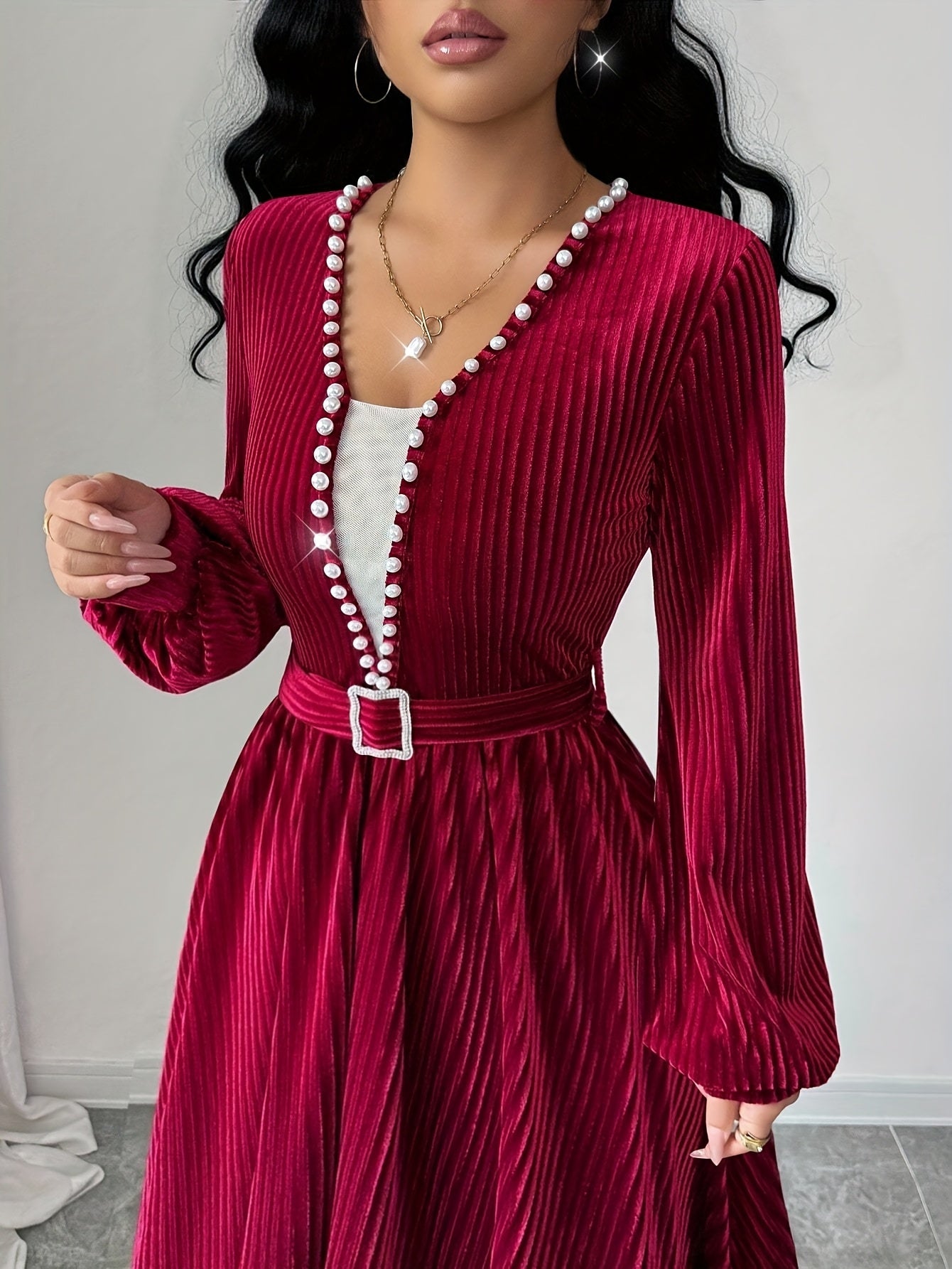 Burgundy Velvet Pearl Dress, Christmas Day, Fall-Winter