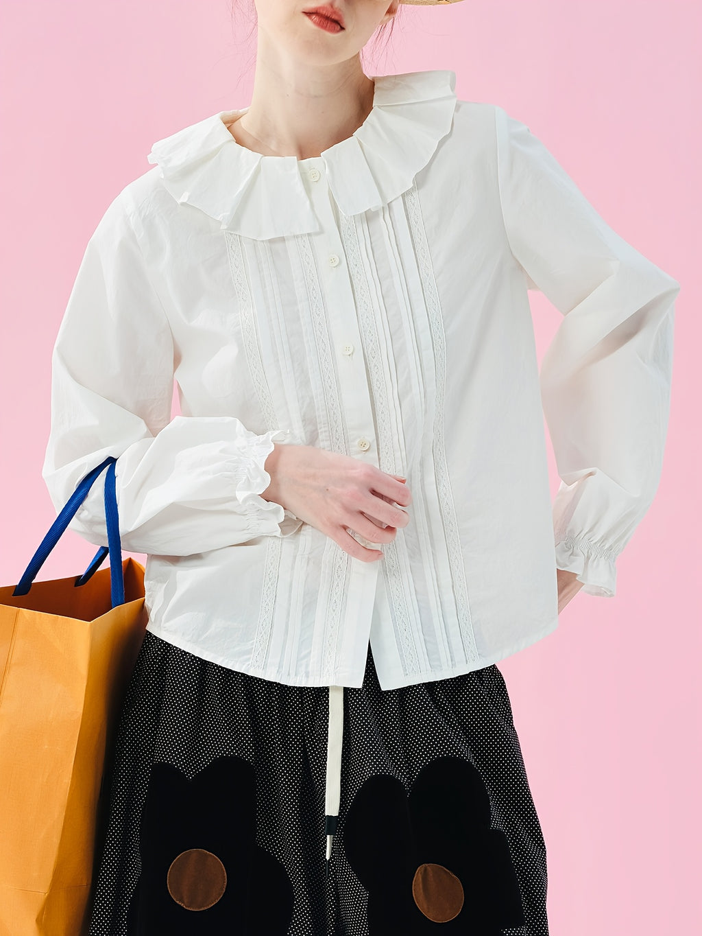 Women's Elegant Lace Trim Blouse - Long Sleeve Button-Front Shirt with Ruffled Collar