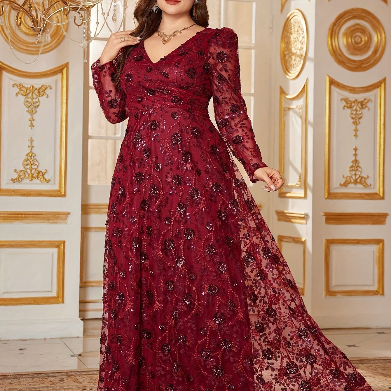 Plus Size, Elegant V-Neck Sequin Embellished Mermaid Evening Gown with Long Lampshade Sleeves