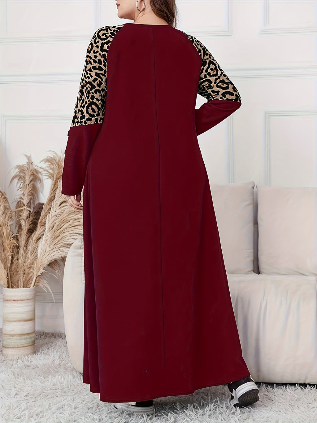 Women's Plus Size Elegant Leopard Print A-Line Maxi Dress with Swing Waist