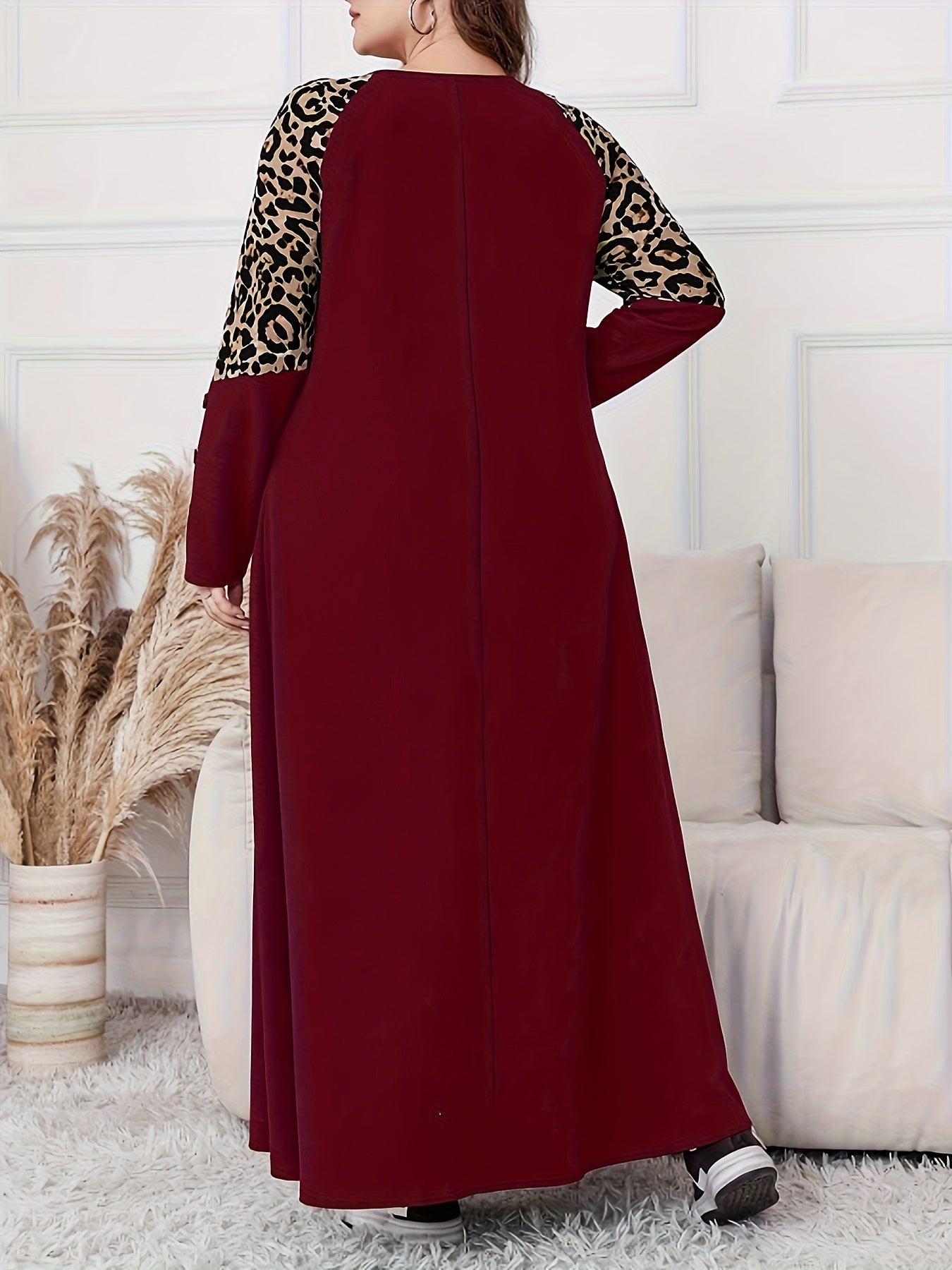 Women's Plus Size Elegant Leopard Print A-Line Maxi Dress with Swing Waist