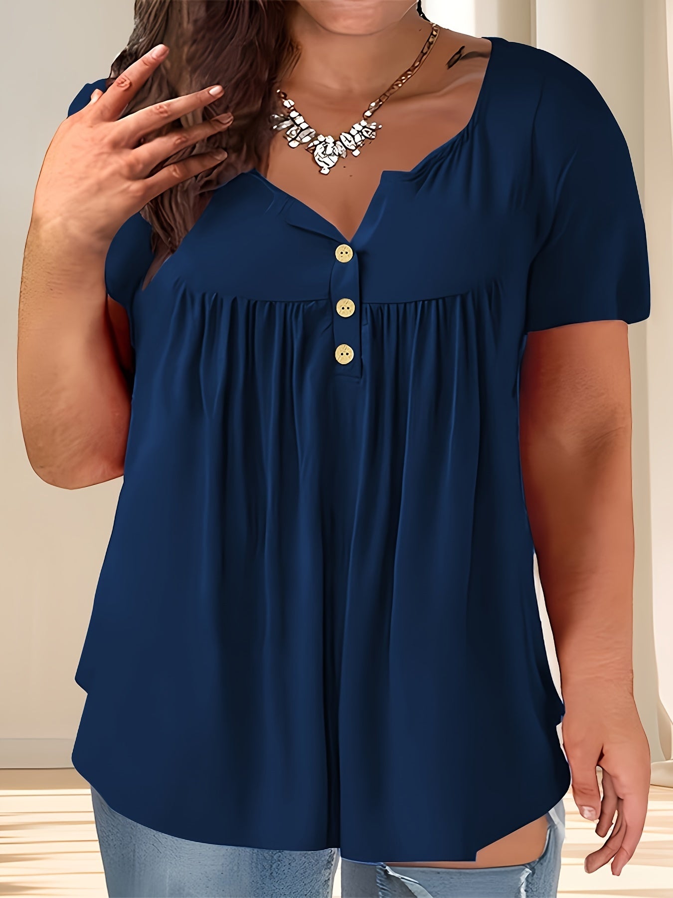 Women'S Plus Size Casual Buttoned Pleated T-Shirt, Summer Knit Fabric Top, Crew Neck, Solid Color, Slight Stretch, Oversized Pullovers,