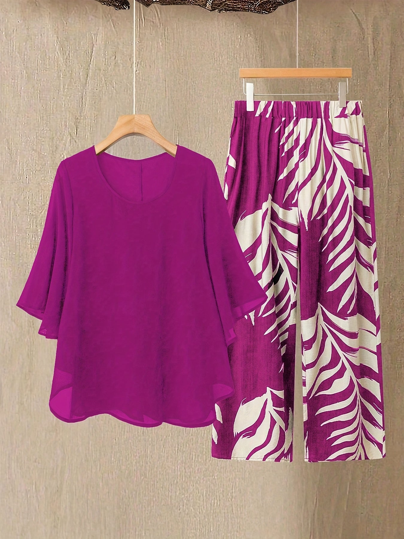 European and American Women's clothing: new round-neck chenille top with leaf print and long pants set