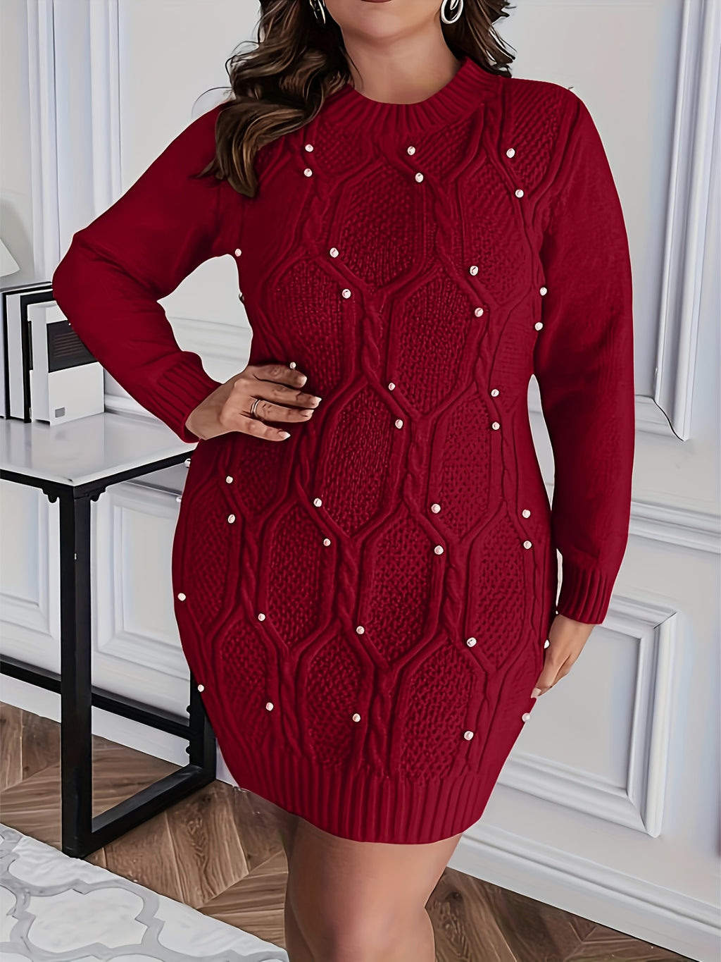Women's Plus Size Burgundy Pearl-Adorned Oversized Sweater Dress Christmas Party New Year