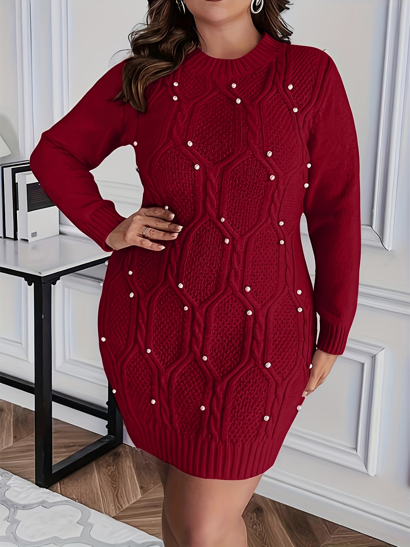 Women's Plus Size Burgundy Pearl-Adorned Oversized Sweater Dress Christmas Party New Year