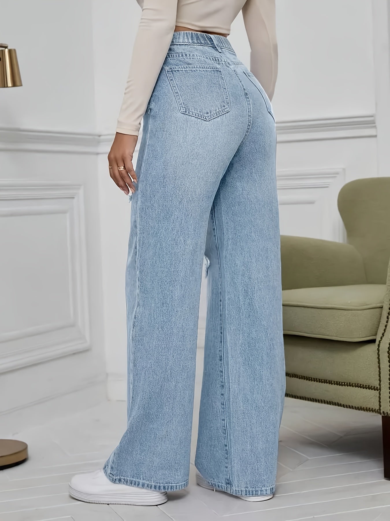 Women's Plus Size High-Waisted Stretch Pants with Distressed Knee Rips