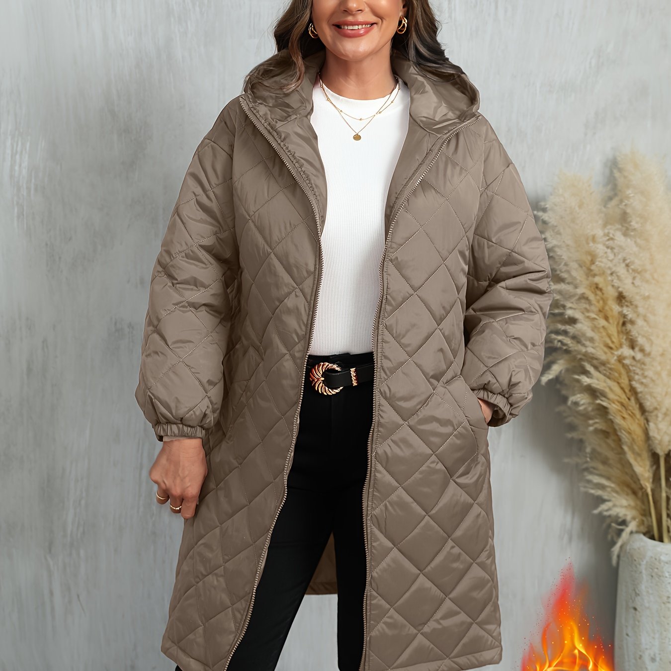 Plus Size, Women's Oversized Elegant Hooded Full-Zip Windproof Winter Coat - Heavy-Duty Warm
